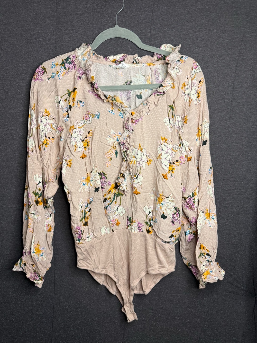 Heyson Pink Floral Long Sleeve Bodysuit Blouse Ruffle V-Neck